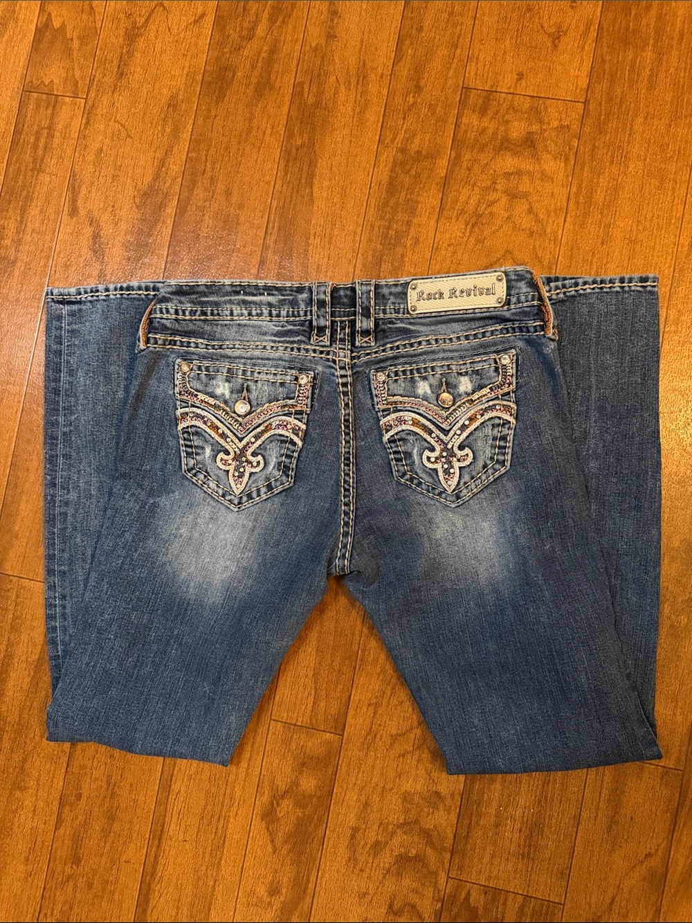 Rock Revival Blue Denim Straight Jeans with Embellished Pockets